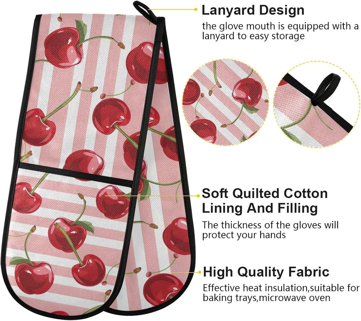 SUABO Double Oven Mitts for Handling Hot Pots 35"x7", Pink Striped with Cherries Heat Resistant Potholder for Kitchen Cooking Backing