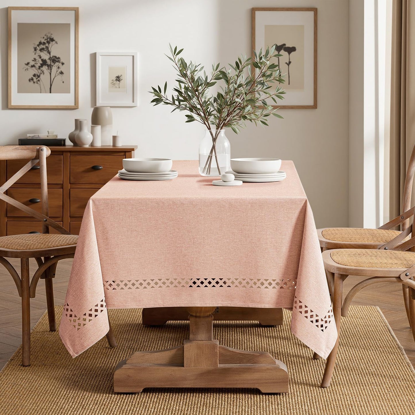 MIULEE Pink Rectangle Linen Polyester Tablecloth with Decorative Cutouts Spring Waterproof Stain Resistant & Shrink-Proof Table Cloth 52x70 inch Farmhouse Style for Dining Wedding and Outdoor