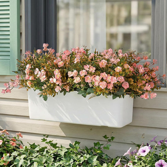 RM ROOMERS Artificial Flowers Plants for Outdoors, Fake Flowers Pink Mini Rose Faux Flower for Garden Porch Windowbox Front Door Yard Wedding Home Decor Indoor Vase (4 Bundles)