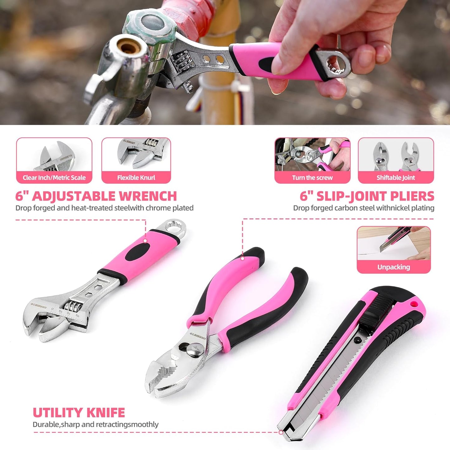 URASISTO 125 PCS Pink Household Tool Set, Pink Ladies Basic House DIY Toolkit Set for Home Garage Office College Dormitory Use, Hand Tool Kits for Women