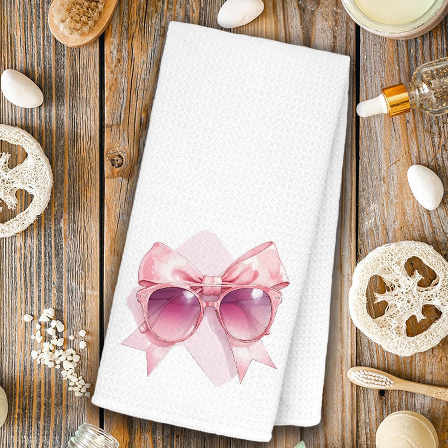 JINYO Coquette Pink Bow Sunglasses Lipstick Hand Towels Set of 2, Preppy Pink Girly Bathroom Hand Towels for Girls Dorm Apartment, Coquette Bow Decorative Dish Tea Towels, 16x24 Inch