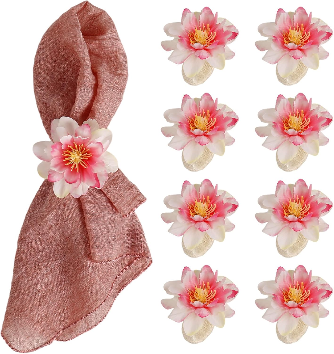 Pink Dahlia Flower Napkin Rings Set of 8, Handmade Floral Napkin Rings with Jute Buckles Dinner Napkin Holder for Valentine's Day, Wedding, Dinners, Festival Parties Table Decoration(Pink)