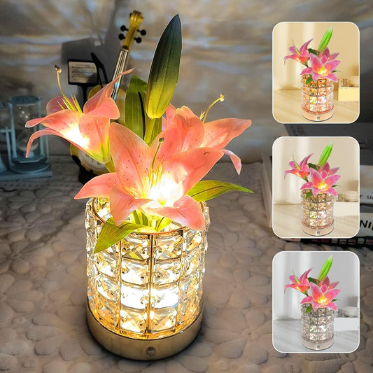 Lily Flower Lamps, Rechargeable Cordless Small Desk Lamp, 3 Colors Dimmable Artificial Flowers Night Light, Fake Bouquet 3 Lilies with Crystal Vase for Home Date Party Decoration (Pink - Lily)