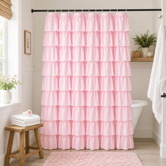 Pink Ruffle Shower Curtain - Farmhouse Ruffled Fabric for Bathroom 72 inches x 72 inch