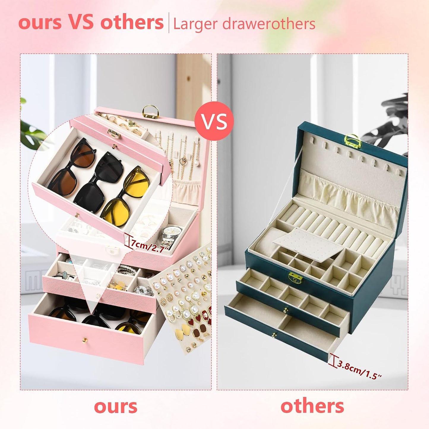 Jewelry Box, 3 Layers Leather Jewelry Storage Display Box for Women, Gift Case, 2 Drawers, Large Capacity for Necklace Earrings Bracelets Rings, Pink