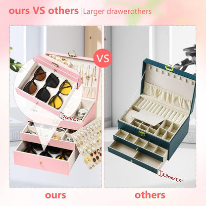 Jewelry Box, 3 Layers Leather Jewelry Storage Display Box for Women, Gift Case, 2 Drawers, Large Capacity for Necklace Earrings Bracelets Rings, Pink