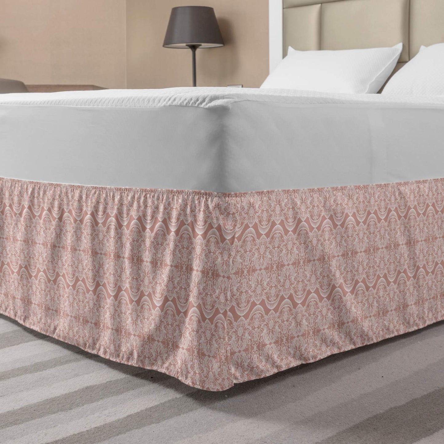 Lunarable Peach Pink Bed Skirt, Lace Looking Like Geometrical Abstract Vertical Arranged Romantic Retro Motifs, Elastic Bedskirt Dust Ruffle Wrap Around for Bedding Decor, King, White Blush