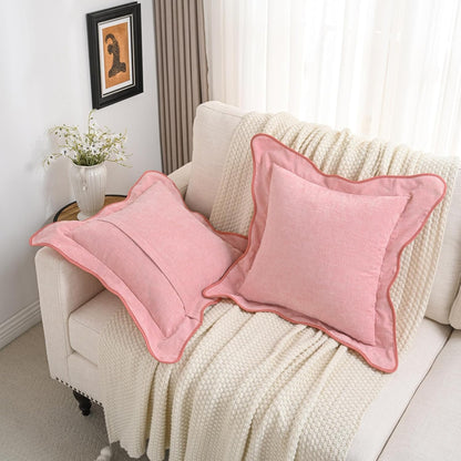 FUTEI Pack of 2 Solid Scalloped Bordered Throw Pillow Covers 18x18 Inch Soft Chenille Decorative Cushion Cases Farmhouse Accent for Couch Bed Living Room, Pink