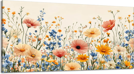 KZKU Wall Art Floral Canvas Print Wildflower Garden Pink Yellow Blue Watercolor style Flower Picture for Bedroom Living Room Artwork Home Wall Decoration 20x40in