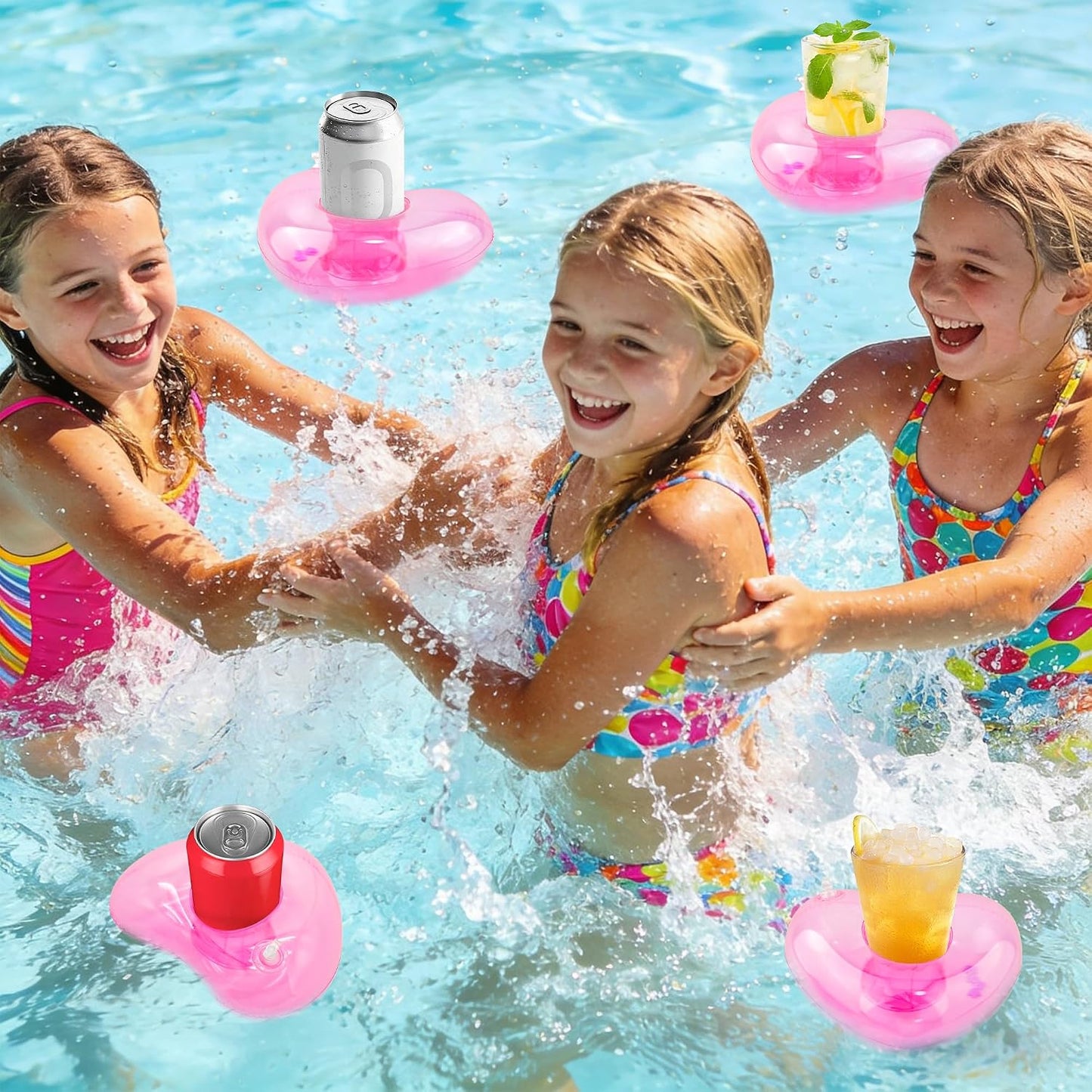 7 Pack Inflatable Pink Heart Drink Holders,Pool Drink Floaties for Bachelorette,Birthday Party