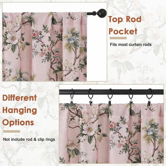 AAiyufeng Floral Kitchen Curtains valances for Windows, Elegant Decorative Flower Pattern Breathable Soft Rod Pocket Privacy Light Filtering for Bedroom Cafe 2 Panels Set, W52 x L14 Inch, Light Pink