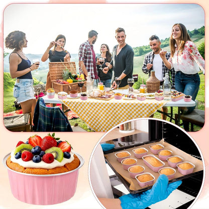 150 Set Pink Mini Cake Pans with Lids, 6.8oz & 5oz Aluminum Foil Baking Cups Set, Rectangular Square Round Shapes for Brownies, Cheesecake, Muffins, Cupcakes, Party Dessert Making & Gifting