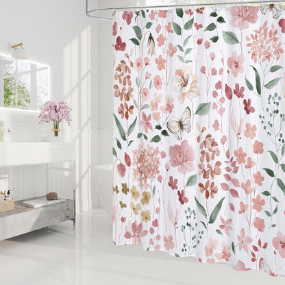 Litabel Pink Floral Shower Curtain, Plant Leaves with Flower Shower Curtains for Summer Pink Bathroom Decor, Modern Farmhouse Waterproof Fabric Botanical Shower Curtain Set with Hooks 72x72 Inch