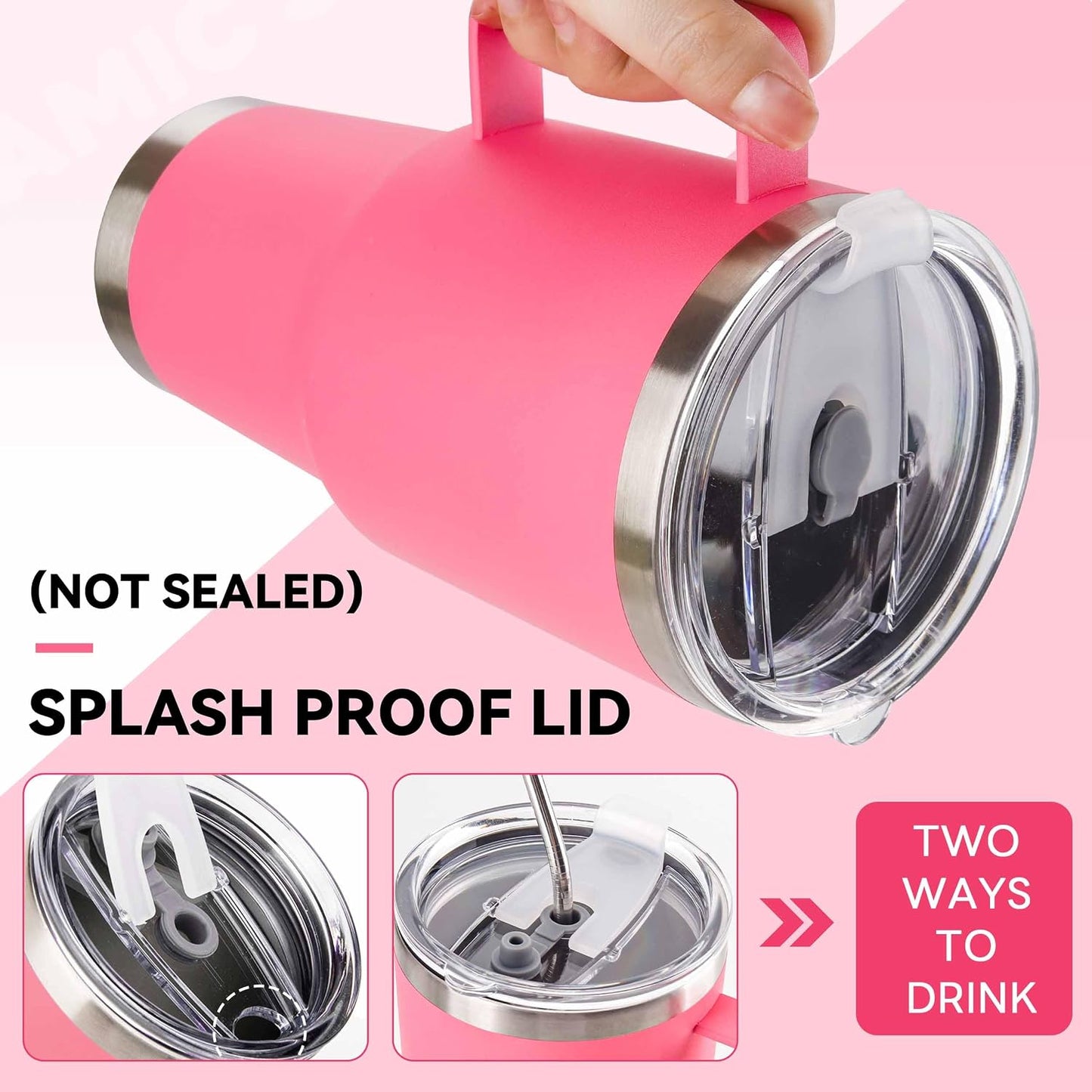 30 oz Tumbler With Handle, Double Wall Stainless Steel Vacuum Insulated Travel Mug with Splash-Proof Lid Metal Straw and Brush (Bright Pink)