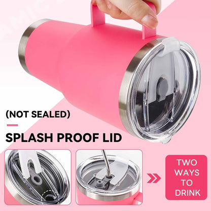 30 oz Tumbler With Handle, Double Wall Stainless Steel Vacuum Insulated Travel Mug with Splash-Proof Lid Metal Straw and Brush (Bright Pink)