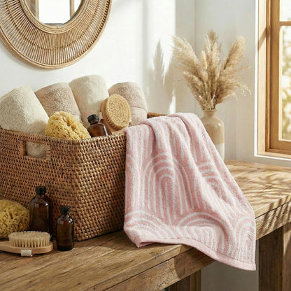 Artoid Mode 1 Pc Beige Pink Arched Stripes Jacquard Hand Towels for Bathroom, 100% Cotton Soft Absorbent Bathroom Decor Towels, 13.7 x 29.5 Inch