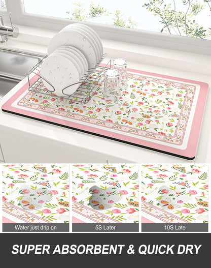Rnivvi Dish Drying Mat for Kitchen Counter, 12 x 19" Cute Flower Theme Super Absorbent Draining Pad, Non-Slip Heat Resistant Coffee Bar Mats for Coffee Machine Station Accessories, Pink Dish Rack Pad