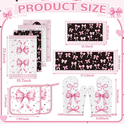 Fourluoo 10 Pcs Pink Bow Kitchen Decor Sets 4 Pink Plaid Kitchen Dish Towels 2 Pot Holders 2 Oven Mitts Glove 2 Cute Non Slip Rugs and Mats for Floor Home Decorations Accessories Mom Gifts