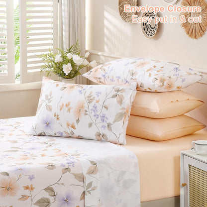 Botanical 6-Piece Queen Bed Sheets Set, Boho Floral Print Brushed Microfiber Sheets, Cooling Bed Sheet Set, Ultra Soft & Breathable, 16' Deep Pocket Fitted Sheet & Pillowcase Set, Peach Pink Flower