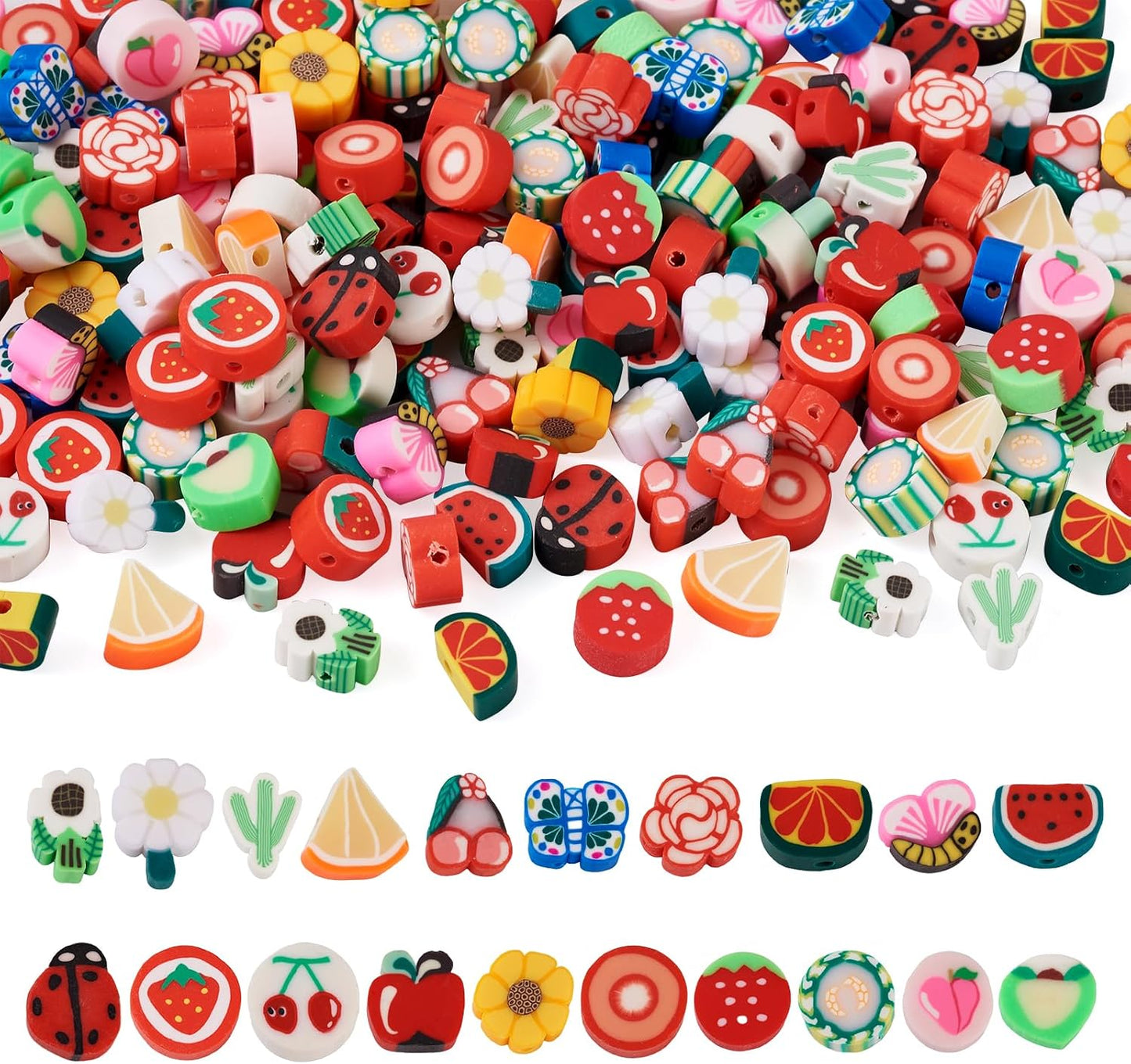 200pcs Polymer Clay Beads Fruit Flower Slice Heishi Beads for Jewelry Making Assorted Apple Peach Dasiy Handmade Spacer Loose Bulk for Spring Friendship Bracelets Keychain DIY