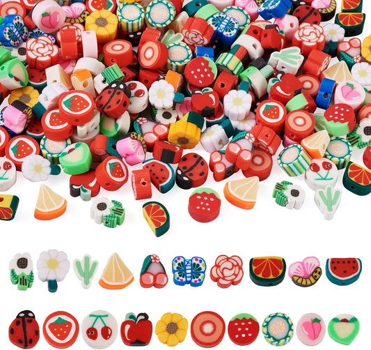 200pcs Polymer Clay Beads Fruit Flower Slice Heishi Beads for Jewelry Making Assorted Apple Peach Dasiy Handmade Spacer Loose Bulk for Spring Friendship Bracelets Keychain DIY
