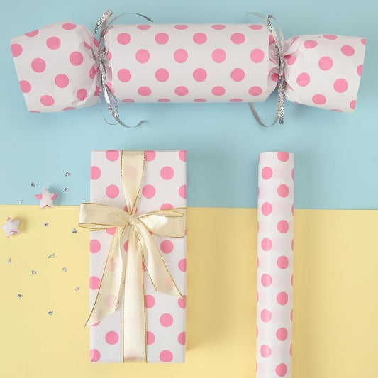 Qirrmiy Polka Dot Wrapping Paper Roll, Mini Roll-17 Inches * 32.8 Feet, Pink Polka Dot Wrap Paper for Girls Women Grandma, for Mother's Day, Birthdays, Valentine's Day, Weddings, Anniversaries