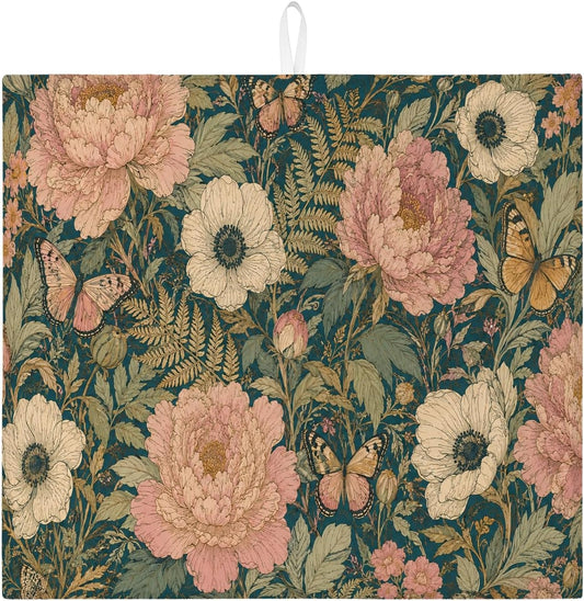 Floral Dish Drying Mats for Kitchen Counter, Peach Green Vintage Absorbent Dish Drainer Rack Mat, Spring Microfiber Drying Pad for Kitchen Counter Protector 16x18 Inch