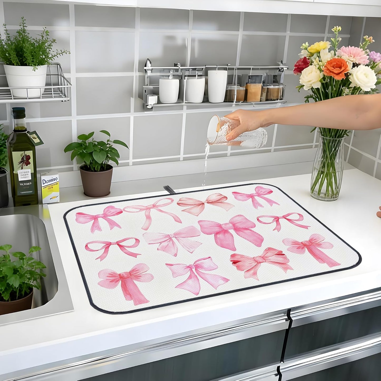 Pink Bow Dish Drying Mat,Coquette Pink Bow Absorbent Dish Drying Mat，Kitchen Accessories For Countertop，Dish Drainer Mat For Kitchen Counter，20 X 15inch