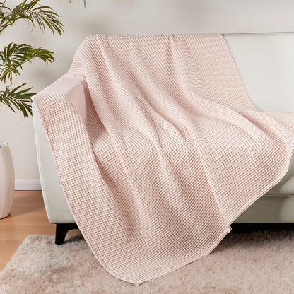 Exclusivo Mezcla 100% Cotton Waffle Throw Blanket for Couch, Sofa, Lightweight and Breathable Gauze Muslin Blanket for Summer, Moisture-Wicking, Home Decor, 50"x70", Pink