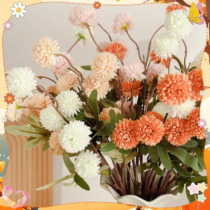 Artificial Flowers Fall Decor - 16 Bundles Faux Silk Mums UV Resistant Chrysanthemums Bouquet Kiku Flowers (16, White+Pink+Orange)
