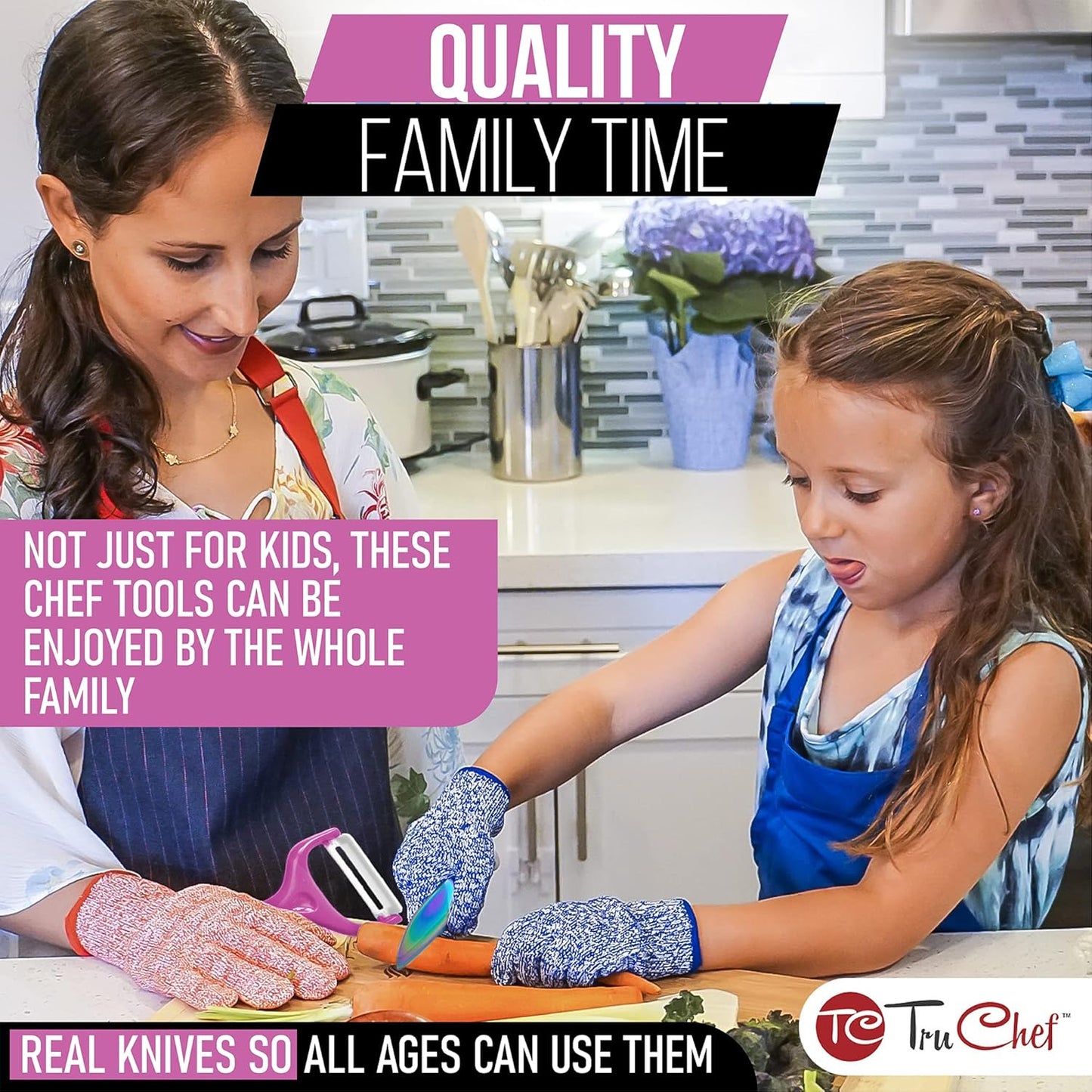 TruChef 5-Piece Kids Knife Set for Real Cooking | Stainless Steel Chef, Paring & Serrated Knives with Peeler & Holder | Safe Junior Chef Cooking Set for Kids (5 pcs, Pink)