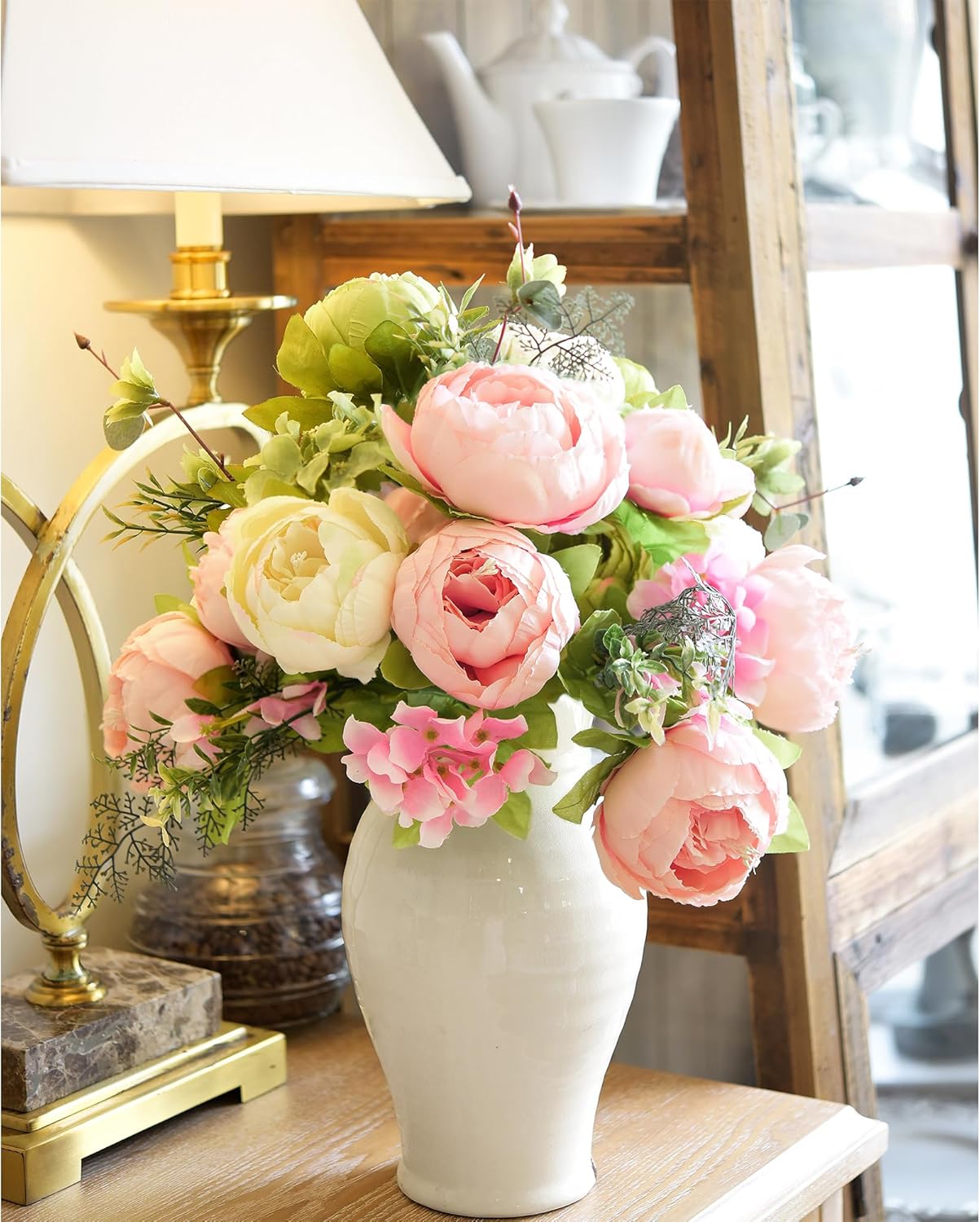 FiveSeasonStuff Artificial Peony Bouquet, Pink, Beige & Green Silk Flowers for Wedding Centerpieces, Bridal Bouquets & Home Decor – Spring Waltz