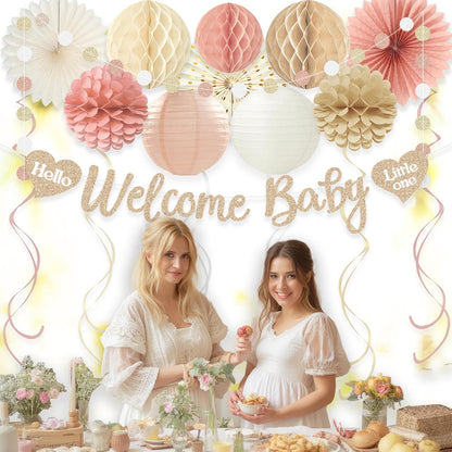 Ivory Blush Pink Baby Shower Decorations for Girl, Pre-Strung, 24pcs | Welcome Baby Banner, Honeycomb Balls, Paper Flowers, Lanterns, Fans, Streamers, Dots Garland for Girl Baby Shower Decorations