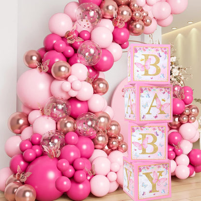 Pink Butterfly Baby Shower Decorations for Girl Pink Balloon Arch Kit Baby Boxes and Backdrop Kit for Baby Shower Decorations Butterfly Theme Birthday Party Decor