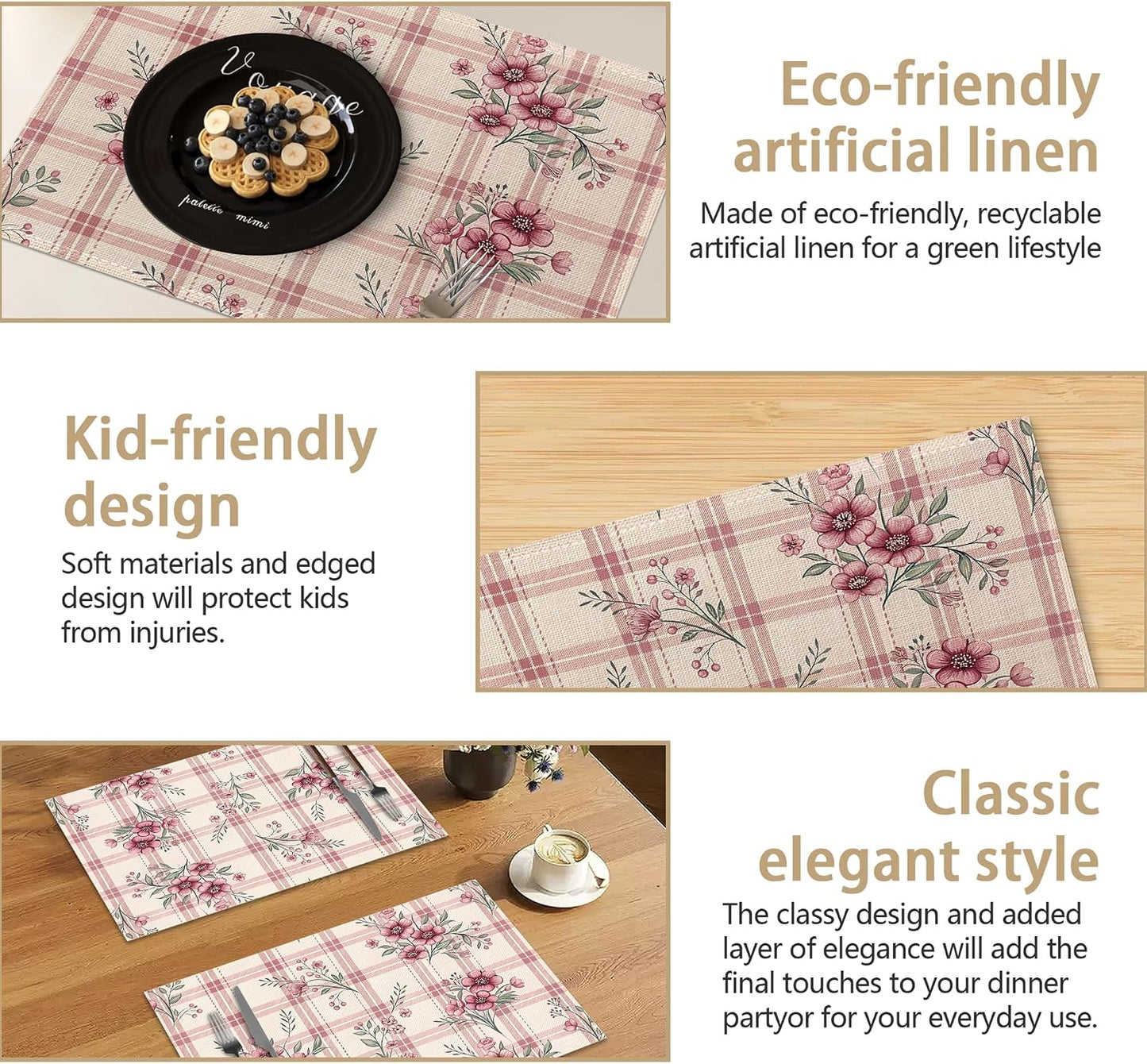 Placemats Set of 6, Cute Flowers Pink Linen Placemats 12x18 Inch, Heat Resistant Table Mats, Washable Non Slip Place Mats for Dining Table Kitchen Home