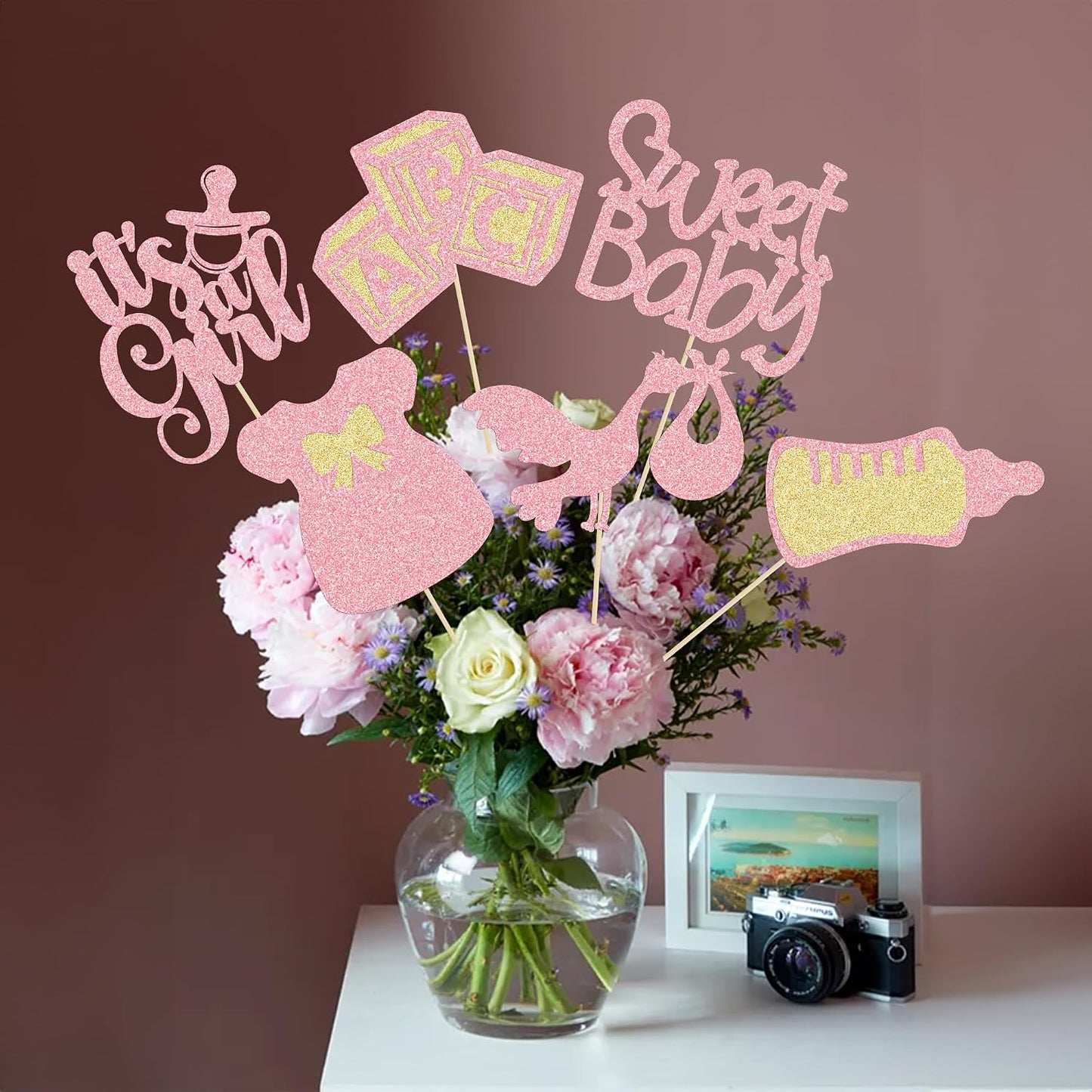 Gyufise 12Pcs Baby Shower Centerpiece Sticks Glitter Tie Onesie Oh Baby Gender Reveal It's a Girl Table Centerpiece Sticks for Baby Shower Gender Reveal Kids Birthday Party Supplies Pink