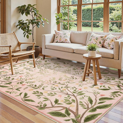 Collive Washable Area Rugs for Living Room, 5x7 Pink Rugs for Bedroom Girls, Floral Botanical Flourishing Vines Rug Soft Non-Slip Stain Resistant Boho Carpet for Nursery Dining Room Office