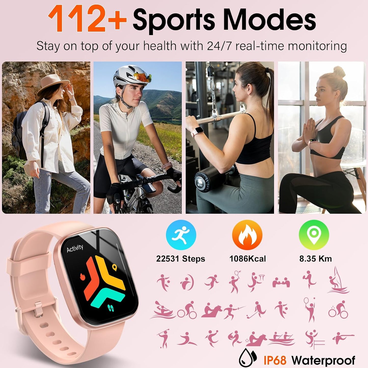 Csasan Smart Watch for Men Women(Answer/Make Call), 1.91" HD Screen Smartwatch Heart Rate/Sleep/Steps Monitor, 100+ Sports Fitness Watch, IP68 Waterproof Activity Trackers for Android iOS Pink