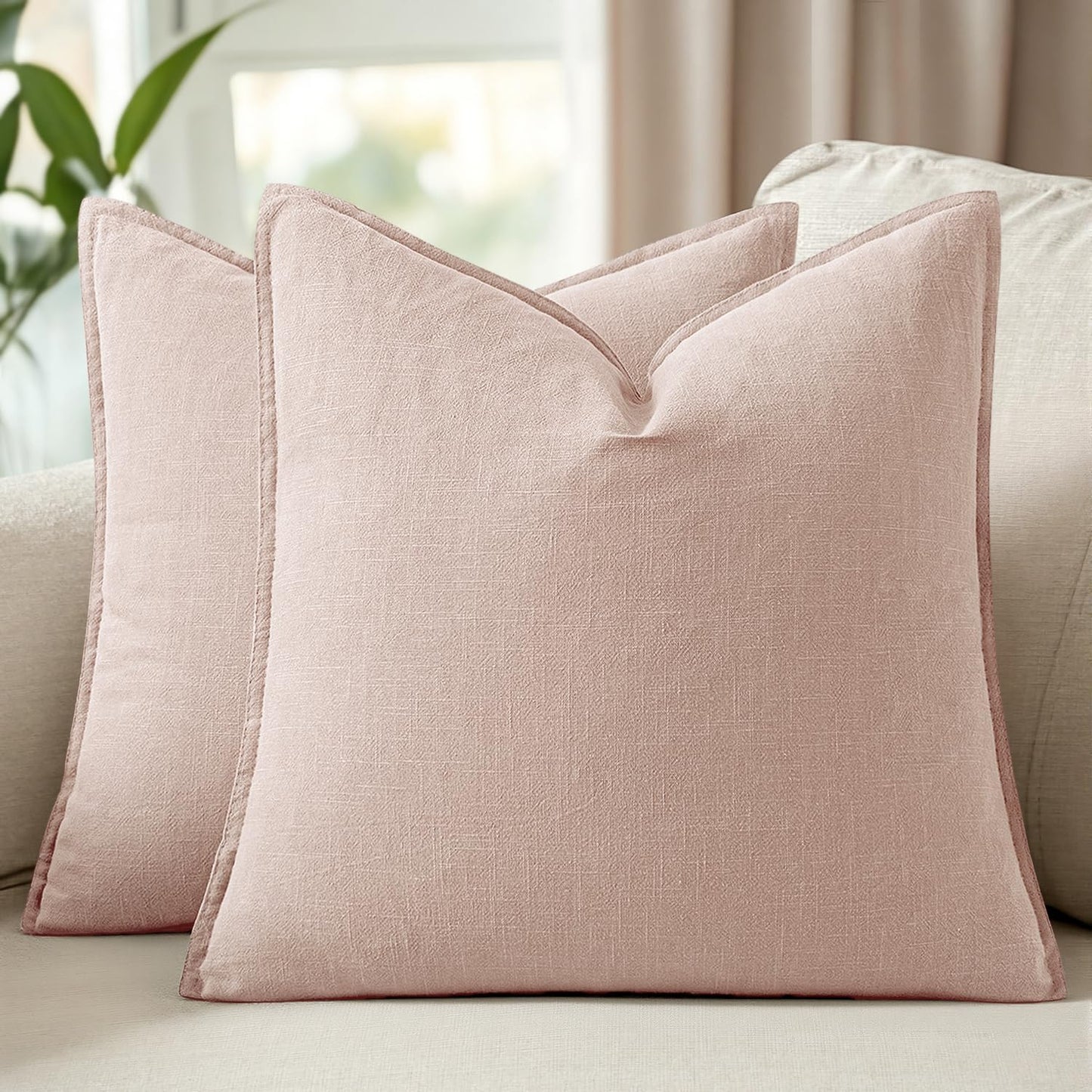 24x24 Inch Set of 2 Decorative Linen Solid Throw Pillow Covers Boho Farmhouse Euro Pillows Modern Valentines Home Decor for Couch Sofa Living Room Bed,Light Pink