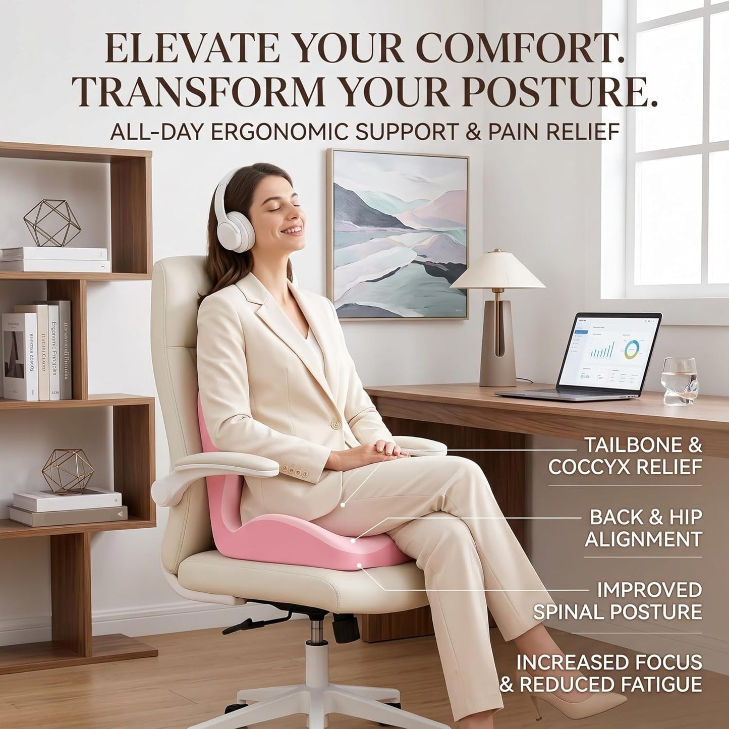 Ergonomic Seat Cushion,Lumbar Support for Office Chair, Memory Foam Chair Cushion for Car Seat,Long Sitting Comfort & Posture Support (Pink)
