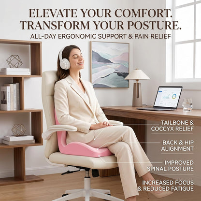 Ergonomic Seat Cushion,Lumbar Support for Office Chair, Memory Foam Chair Cushion for Car Seat,Long Sitting Comfort & Posture Support (Pink)