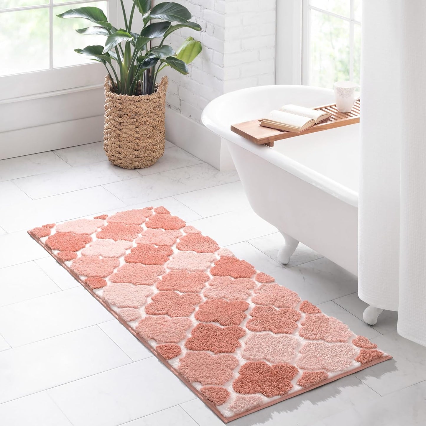 DEXDE Bathroom Rugs Runner Non-Slip, Bath Rugs Extra Absorbent Shaggy Large Bath Mat, Machine Washable Long Shower Rug for Bathroom Bedroom Hallway, 20" x 47" Pink
