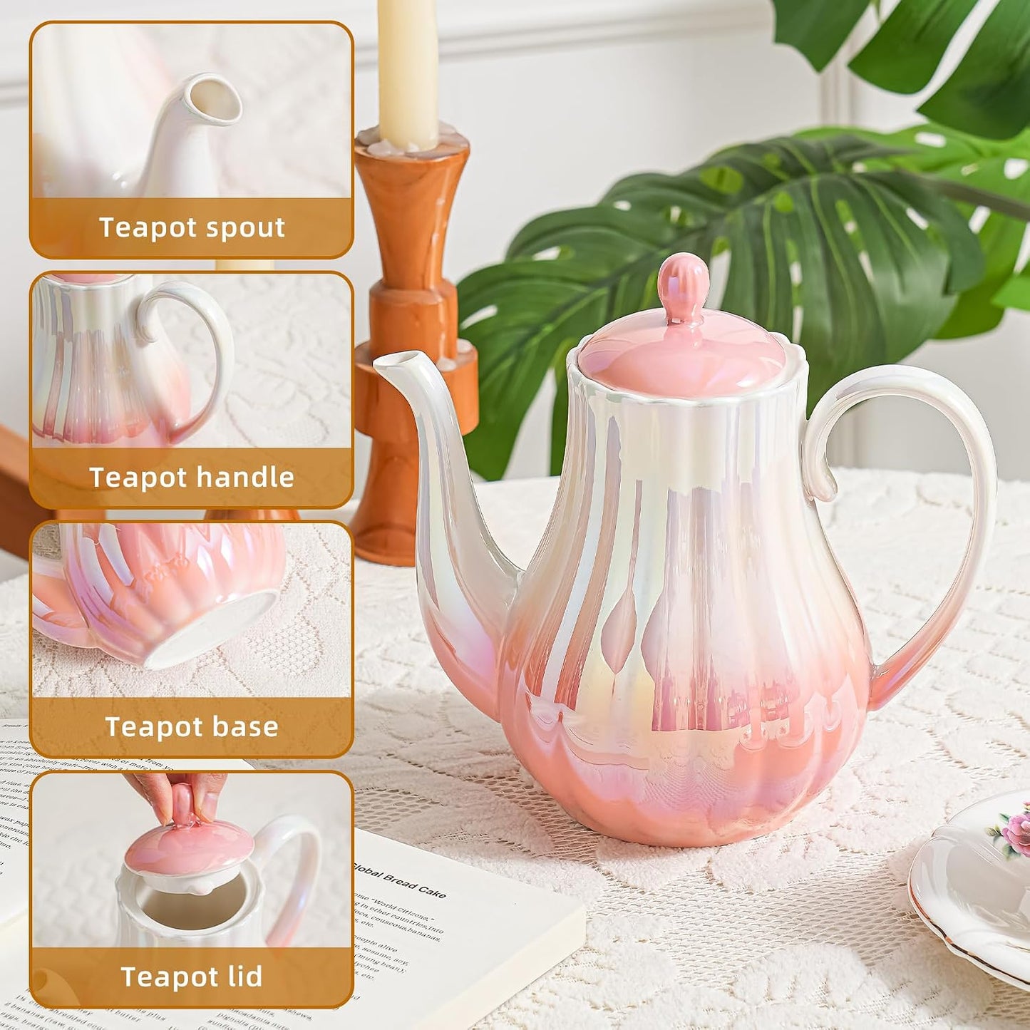 Pink Ceramic Teapot 33oz，tea pot for loose leaf tea coffee milk Gifts for women housewarming home kitchen christmas (Pink)