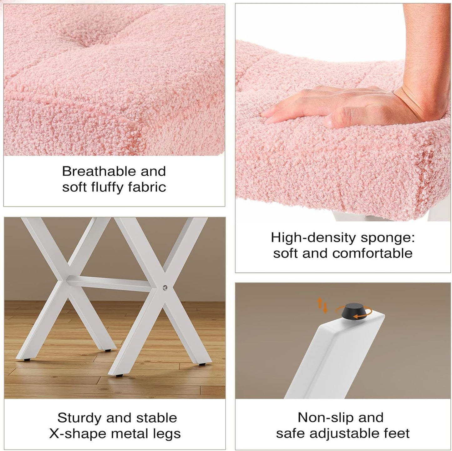 Memobarco 18-Inch Vanity Stool Chair, Vanity Bench with Metal X-Legs, Ottoman Accent Stool with Breathable and Soft Boucle Fabric Saddle Seat, Pink