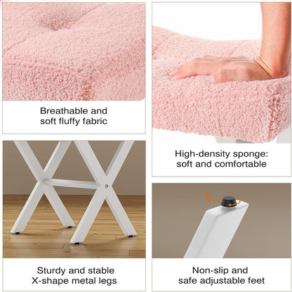 Memobarco 18-Inch Vanity Stool Chair, Vanity Bench with Metal X-Legs, Ottoman Accent Stool with Breathable and Soft Boucle Fabric Saddle Seat, Pink