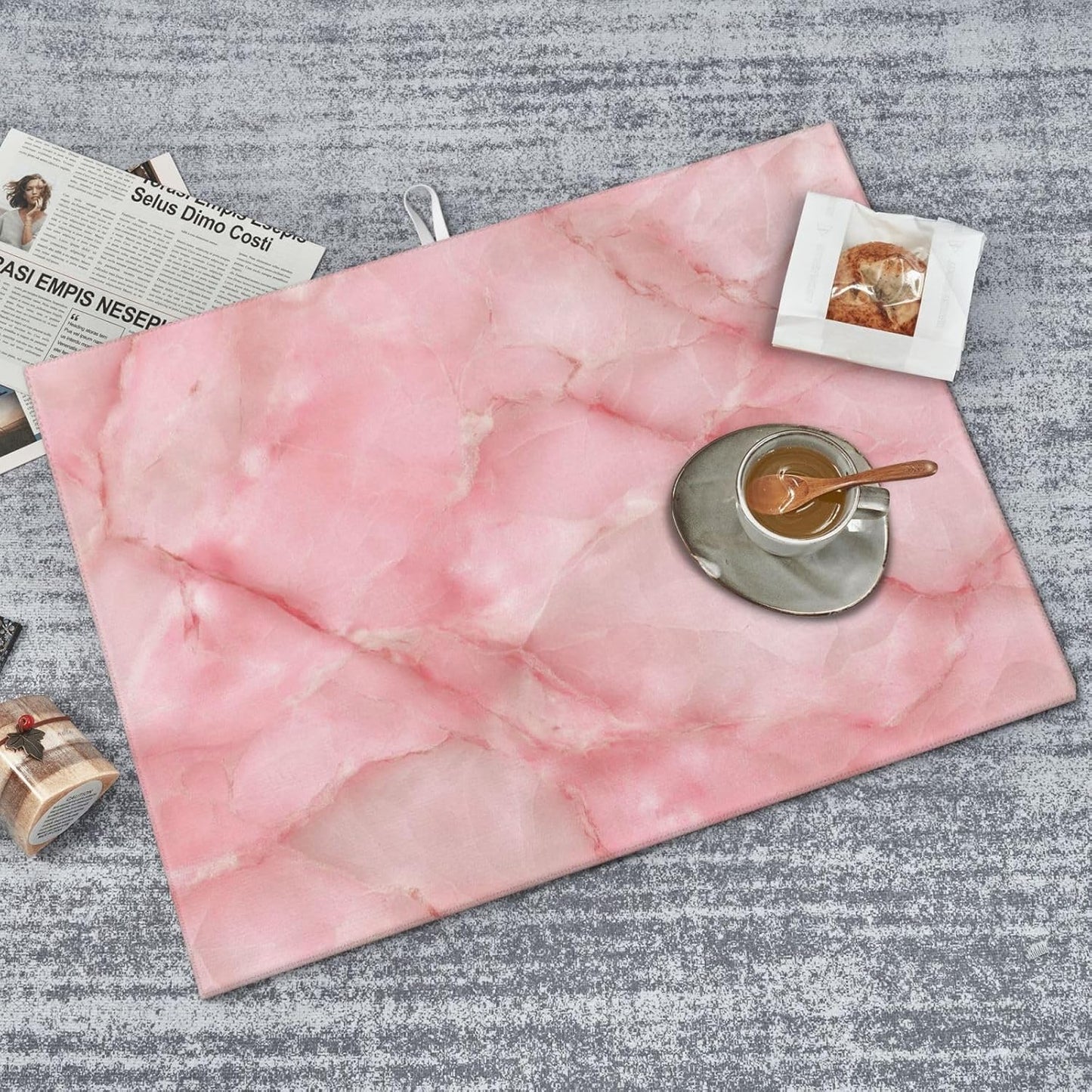 Light Pink Marble Tile Dish Drying Mat For Kitchen Counter, Drain Rack Mat Microfiber Quick Dry Dish Pad
