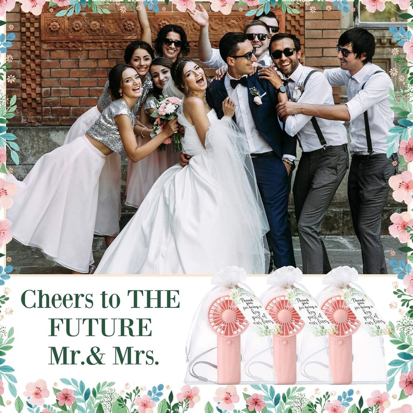 50 Set Wedding Mini Handheld Fans for Guests Bulk, Portable Battery Operated Small Cooling Fans with Thank You Cards & Organza Bags, Perfect for Summer Outdoor Bridal Shower Party Favors (Pink)