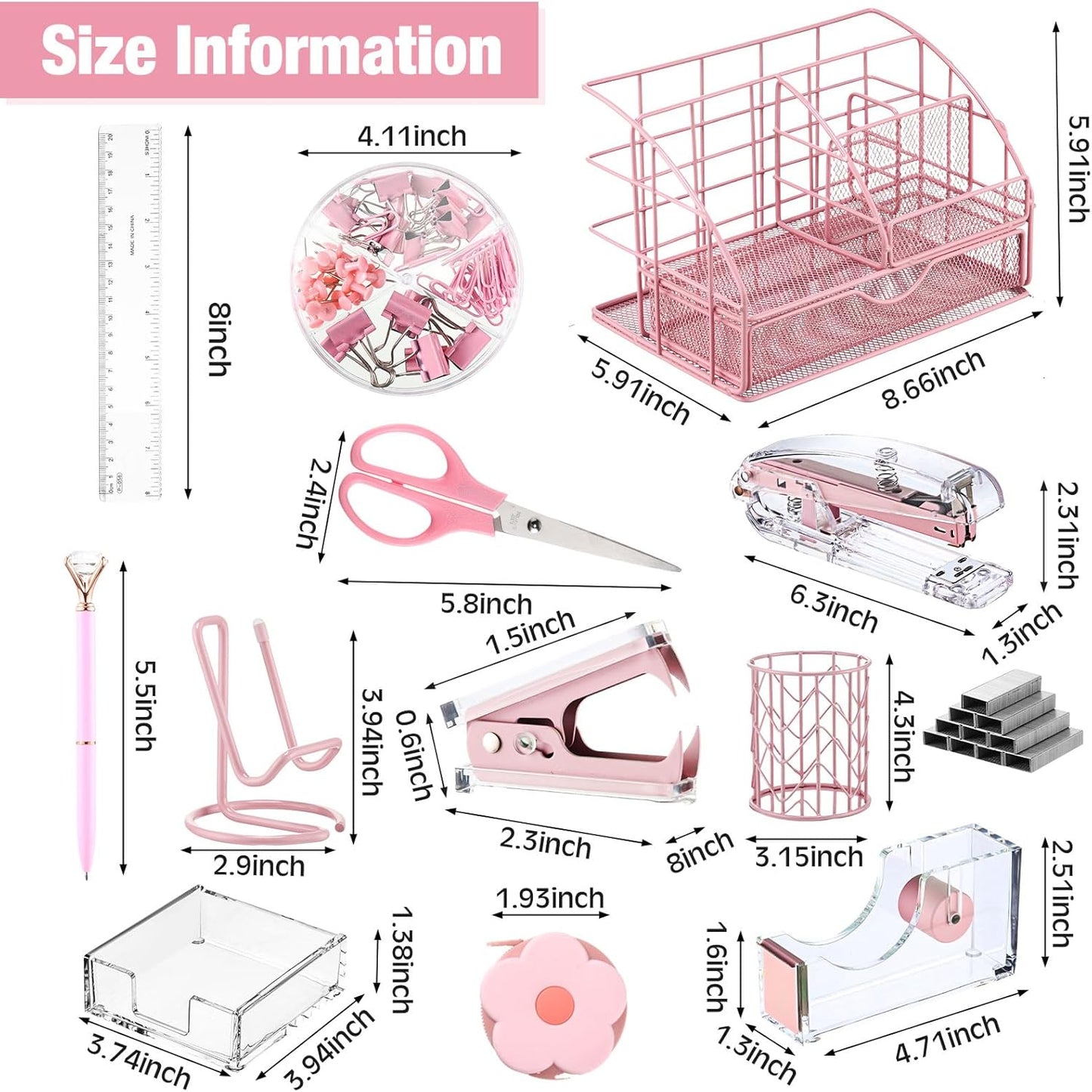 14 Desk Accessories Kit Include Stapler, Staple Remover, Pen Holder, Note Box, Metal Mesh Organizer, Phone Holder, Staples, Scissors, Binder Clips, Tape Measure, 2 Pens, Ruler (Pink)