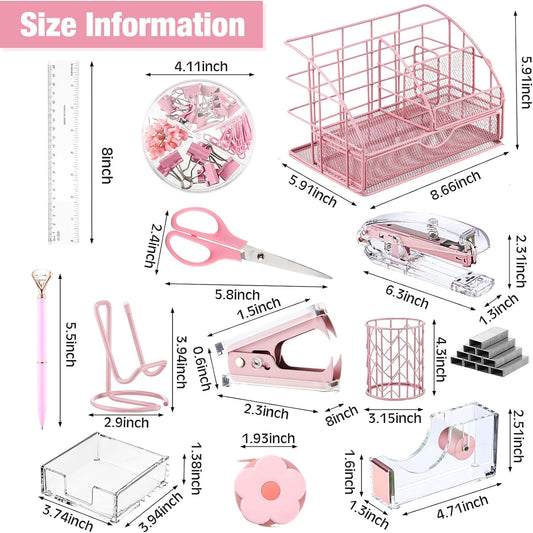 14 Desk Accessories Kit Include Stapler, Staple Remover, Pen Holder, Note Box, Metal Mesh Organizer, Phone Holder, Staples, Scissors, Binder Clips, Tape Measure, 2 Pens, Ruler (Pink)