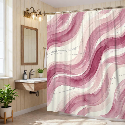 Waves Shower Curtain, Abstract Modern Brush Patterns Curves Summer Peach Washable with Hooks Bathtub Cloth Curtains Decor for Bathroom Guest Room 72x78 Inch